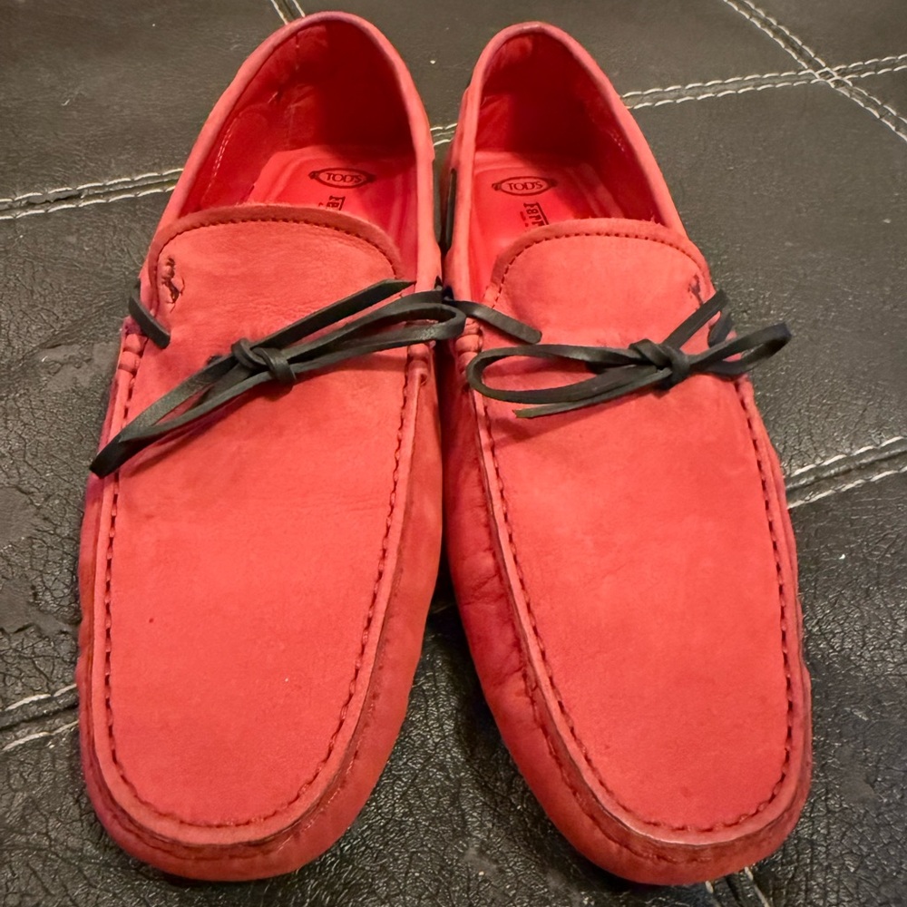 Tod's Red Suede Ferrari Loafers with Black Laces